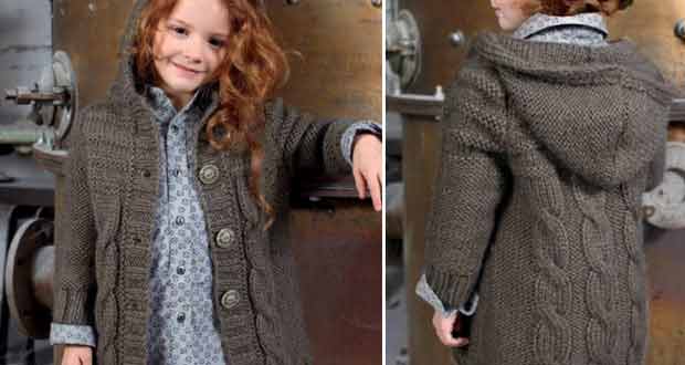 Manteau fille avec torsades et capuche Manteau fille avec torsades et capuche